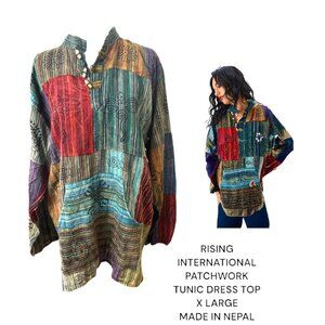 RISING INTERNATIONAL QUILT PATCHWORK TUNIC DRESS LONG TOP X LARGE MADE IN NEPAL‎